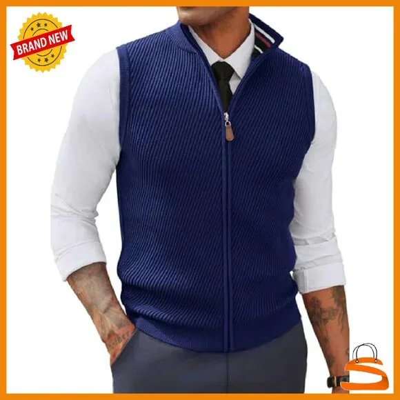 Men's Slim Fit Full Zip Sweater Vest Twill Textured Sleeveless Casual